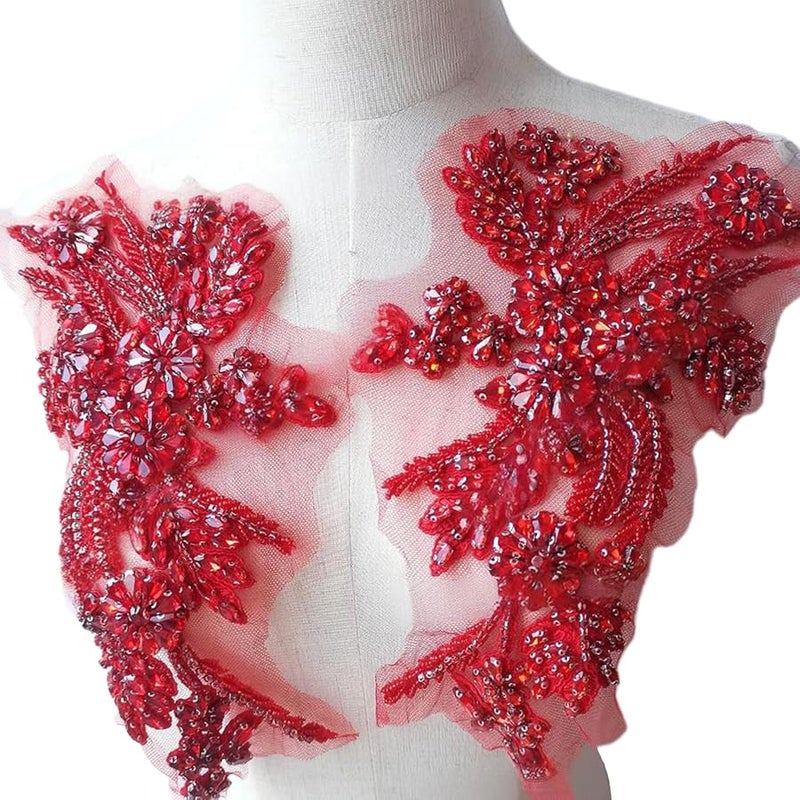 بقع تطبيق الراين الأحمر لتزيين طوق فستان السهرة والخياطة في تصميم الأزياء - Image 3